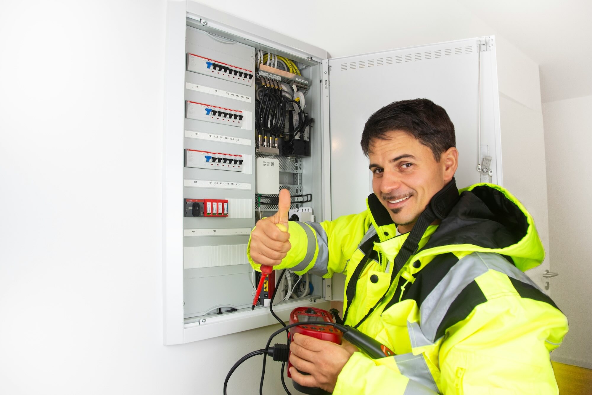 Electrician using multimeter probes to test a distribution board